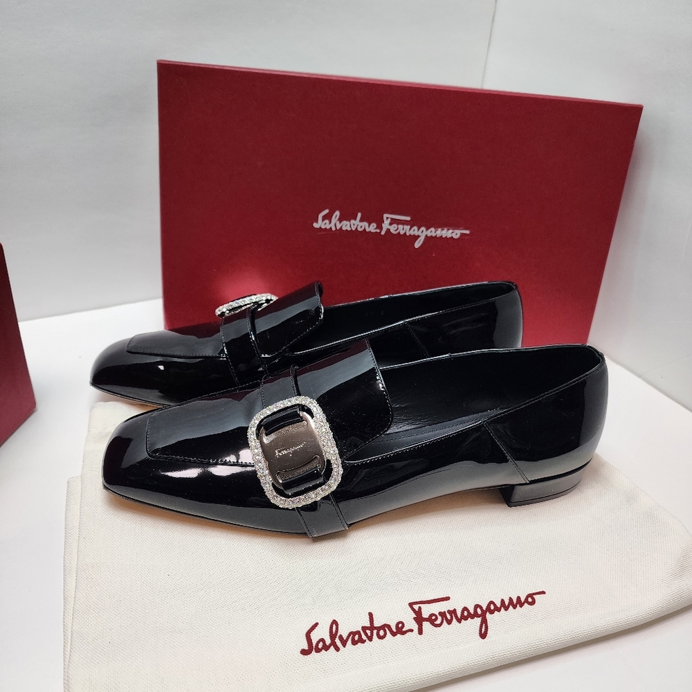 Salvatore Ferragamo Ladies Black Wang Patent Crystal Buckle Loafers
